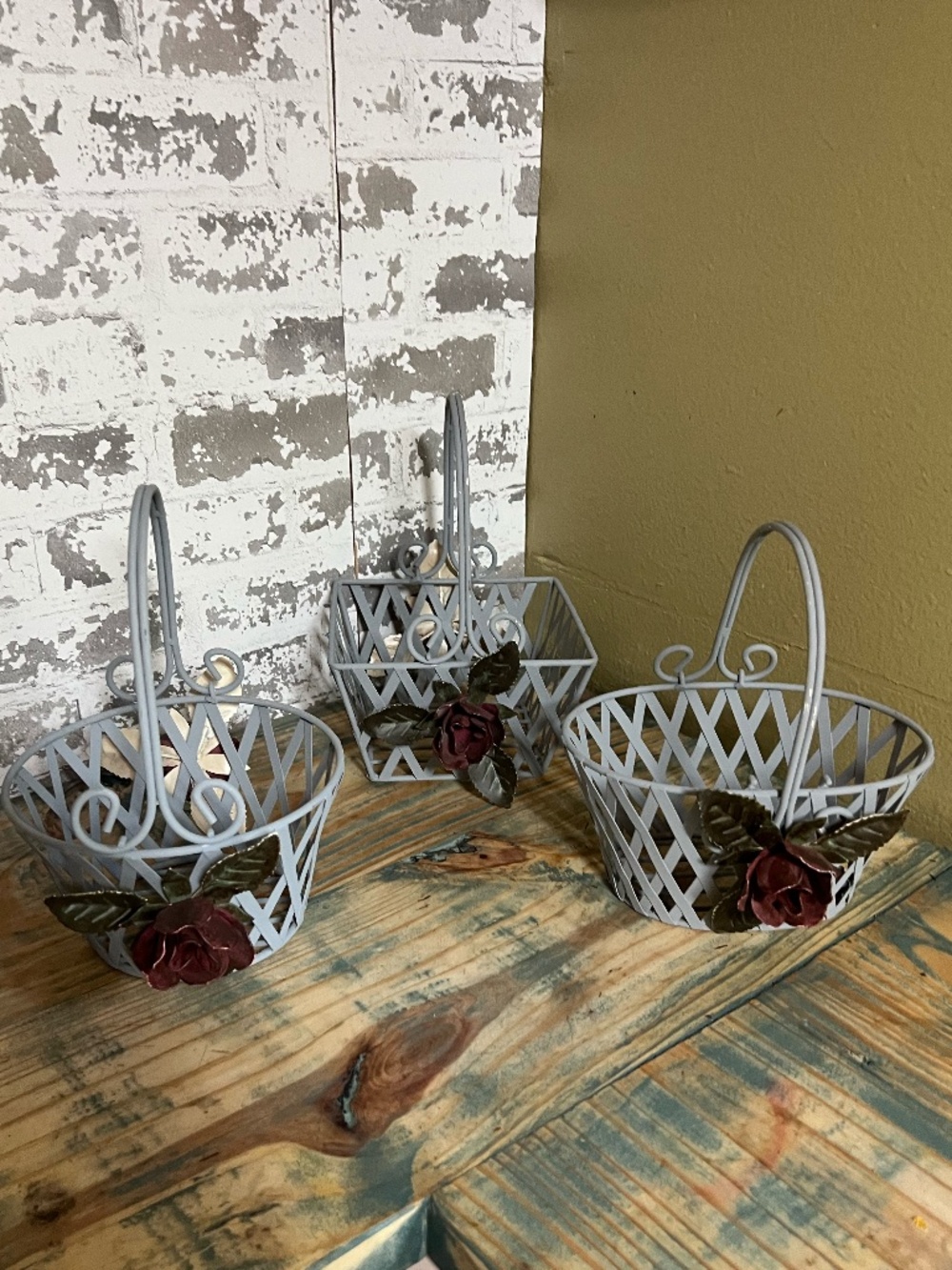 Distressed grey metal wire baskets W/ decorative red rose & green leaf appliqué